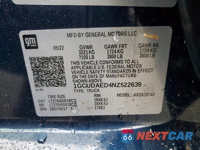 Zdjęcie 12 z 12 samochodu: 2022 CHEVROLET SILVERADO K1500 VIN:1GCUDAED4NZ522639 - miniatura
