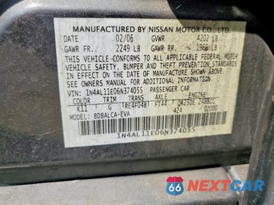 Zdjęcie 12 z 12 samochodu: 2006 NISSAN ALTIMA 2.5 S VIN:1N4AL11E06N374055 - miniatura