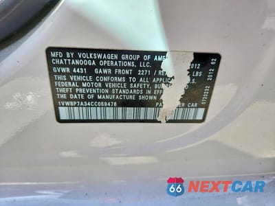 Zdjęcie 12 z 12 samochodu: 2012 VOLKSWAGEN PASSAT SE VIN:1VWBP7A34CC059476 - miniatura