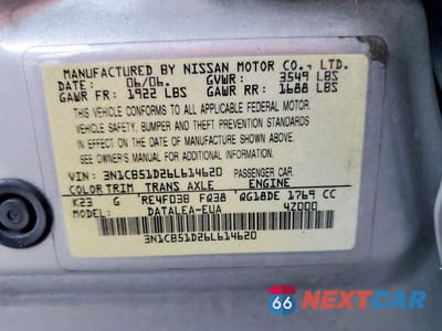 Zdjęcie 13 z 13 samochodu: 2006 NISSAN SENTRA 1.8 VIN:3N1CB51D26L614620 - miniatura