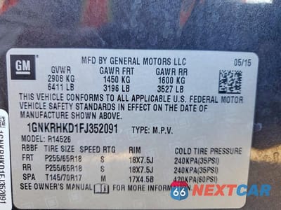 Zdjęcie 13 z 13 samochodu: 2015 CHEVROLET TRAVERSE LT VIN:1GNKRHKD1FJ352091 - miniatura