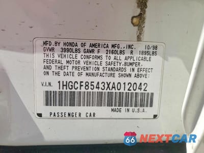Zdjęcie 12 z 12 samochodu: 1999 HONDA ACCORD DX VIN:1HGCF8543XA012042 - miniatura