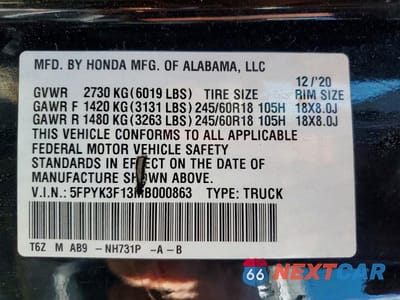 Zdjęcie 12 z 12 samochodu: 2021 HONDA RIDGELINE SPORT VIN:5FPYK3F13MB000863 - miniatura