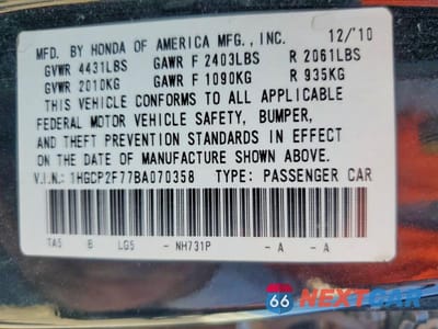 Zdjęcie 12 z 12 samochodu: 2011 HONDA ACCORD EX VIN:1HGCP2F77BA070358 - miniatura