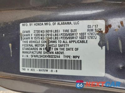 Zdjęcie 13 z 13 samochodu: 2017 HONDA ODYSSEY SE VIN:5FNRL5H3XHB023244 - miniatura