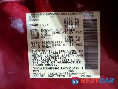 Zdjęcie 12 z 12 samochodu: 2011 NISSAN PATHFINDER S VIN:5N1AR1NB9BC607263 - miniatura