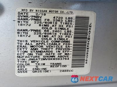Zdjęcie 12 z 12 samochodu: 2019 NISSAN ROGUE SV VIN:JN8AT2MV8KW393764 - miniatura