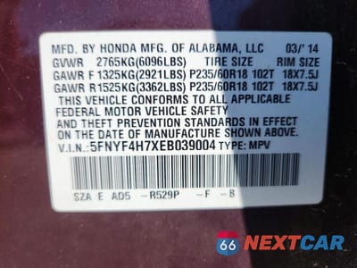Zdjęcie 13 z 13 samochodu: 2014 HONDA PILOT EXLN VIN:5FNYF4H7XEB039004 - miniatura