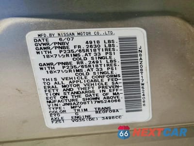 Zdjęcie 13 z 13 samochodu: 2007 NISSAN MURANO S VIN:JN8AZ08T17W524066 - miniatura