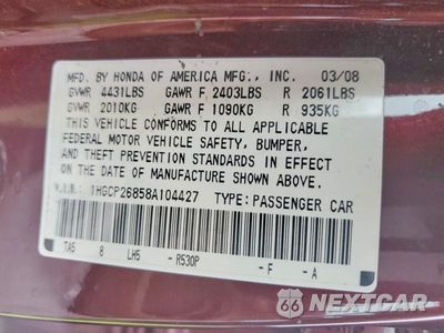 Zdjęcie 12 z 12 samochodu: 2008 HONDA ACCORD EXL VIN:1HGCP26858A104427 - miniatura