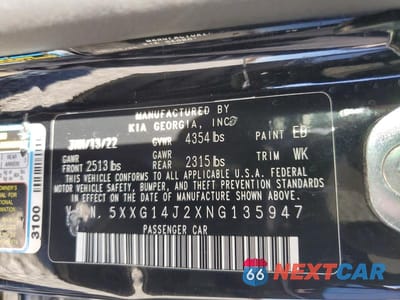 Zdjęcie 13 z 13 samochodu: 2022 KIA K5 LXS VIN:5XXG14J2XNG135947 - miniatura