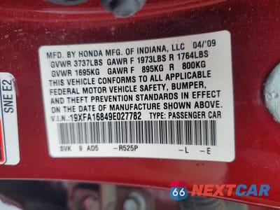 Zdjęcie 13 z 13 samochodu: 2009 HONDA CIVIC EX VIN:19XFA16849E027782 - miniatura