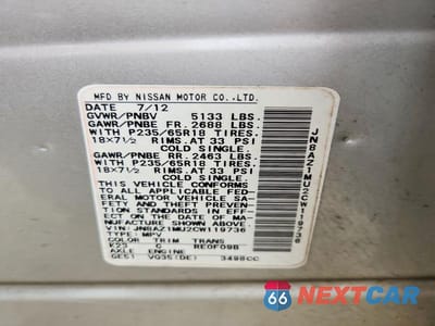 Zdjęcie 13 z 13 samochodu: 2012 NISSAN MURANO S VIN:JN8AZ1MU2CW119736 - miniatura