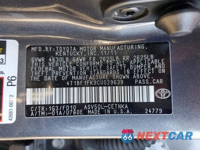 Zdjęcie 12 z 12 samochodu: 2012 TOYOTA CAMRY LE VIN:4T1BF1FK9CU029639 - miniatura