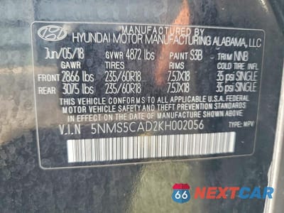 Zdjęcie 13 z 13 samochodu: 2019 HYUNDAI SANTA FE ULTIMATE 2.4L VIN:5NMS5CAD2KH002056 - miniatura
