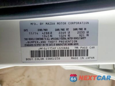 Zdjęcie 12 z 12 samochodu: 2015 MAZDA 6 TOURING VIN:JM1GJ1T5XF1220886 - miniatura