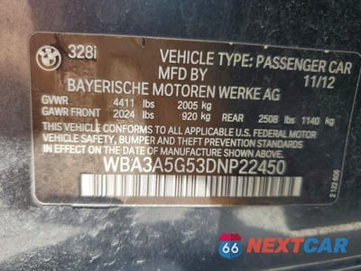 Zdjęcie 12 z 12 samochodu: 2013 BMW 328 I VIN:WBA3A5G53DNP22450 - miniatura