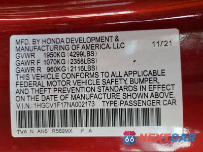 Zdjęcie 12 z 12 samochodu: 2022 HONDA ACCORD LX VIN:1HGCV1F17NA002173 - miniatura