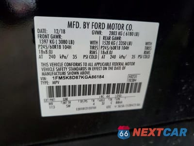 Zdjęcie 13 z 13 samochodu: 2019 FORD EXPLORER XLT VIN:1FM5K8D87KGA86184 - miniatura
