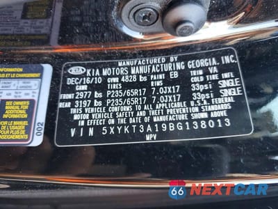 Zdjęcie 14 z 14 samochodu: 2011 KIA SORENTO LX VIN:5XYKT3A19BG138013 - miniatura