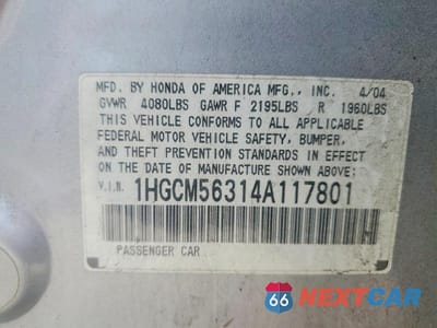 Zdjęcie 12 z 12 samochodu: 2004 HONDA ACCORD LX VIN:1HGCM56314A117801 - miniatura