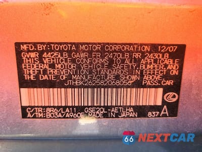 Zdjęcie 12 z 12 samochodu: 2008 LEXUS IS 250 VIN:JTHBK262582068056 - miniatura