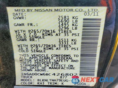 Zdjęcie 12 z 12 samochodu: 2011 NISSAN FRONTIER SV V6 VIN:1N6AD0CW6BC426802 - miniatura