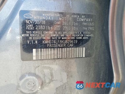Zdjęcie 12 z 12 samochodu: 2019 HYUNDAI ELANTRA SE VIN:KMHD74LF8KU829619 - miniatura