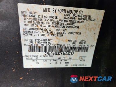 Zdjęcie 13 z 13 samochodu: 2019 FORD FLEX SEL VIN:2FMGK5C87KBA26762 - miniatura