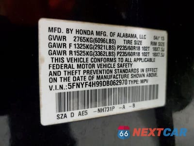 Zdjęcie 12 z 12 samochodu: 2013 HONDA PILOT TOURING VIN:5FNYF4H99DB062970 - miniatura