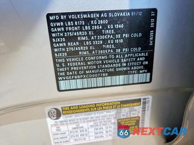 Zdjęcie 12 z 12 samochodu: 2012 VOLKSWAGEN TOUAREG V6 VIN:WVGEF9BPXCD007789 - miniatura