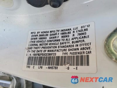 Zdjęcie 12 z 12 samochodu: 2012 HONDA CIVIC LX VIN:19XFB2F5XCE369723 - miniatura