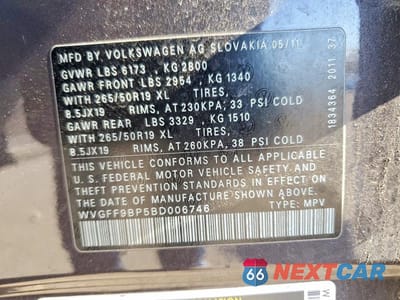 Zdjęcie 13 z 13 samochodu: 2011 VOLKSWAGEN TOUAREG V6 VIN:WVGFF9BP5BD006746 - miniatura