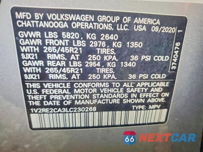 Zdjęcie 13 z 13 samochodu: 2020 VOLKSWAGEN ATLAS CROSS SPORT SEL R-LINE VIN:1V2RE2CA3LC230268 - miniatura