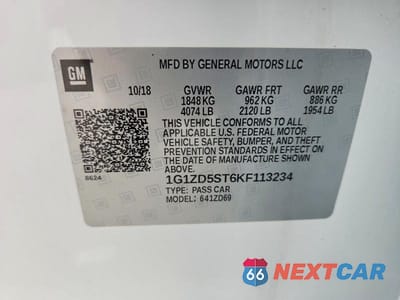 Zdjęcie 12 z 12 samochodu: 2019 CHEVROLET MALIBU LT VIN:1G1ZD5ST6KF113234 - miniatura