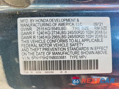 Zdjęcie 13 z 13 samochodu: 2022 HONDA PILOT SE VIN:5FNYF5H21NB003681 - miniatura