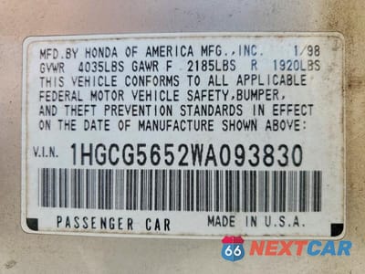 Zdjęcie 12 z 12 samochodu: 1998 HONDA ACCORD EX VIN:1HGCG5652WA093830 - miniatura