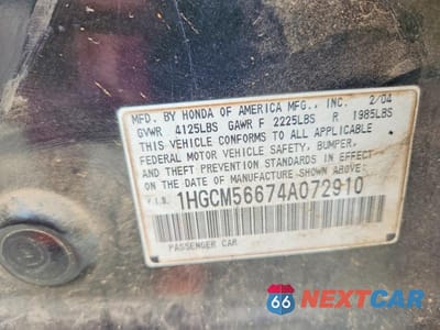 Zdjęcie 12 z 12 samochodu: 2004 HONDA ACCORD 4D DX VIN:1HGCM56674A072910 - miniatura