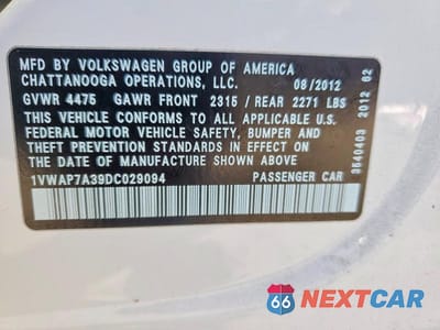 Zdjęcie 12 z 12 samochodu: 2013 VOLKSWAGEN PASSAT S VIN:1VWAP7A39DC029094 - miniatura