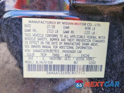 Zdjęcie 12 z 12 samochodu: 2009 NISSAN MAXIMA 3.5 S VIN:1N4AA51E09C807953 - miniatura
