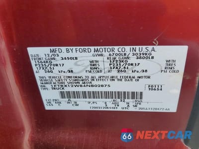 Zdjęcie 12 z 12 samochodu: 2004 FORD F150 VIN:1FTRX12W84NB02875 - miniatura