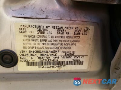 Zdjęcie 13 z 13 samochodu: 2005 NISSAN SENTRA 1.8S VIN:3N1CB51A45L480097 - miniatura