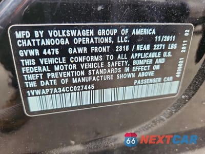 Zdjęcie 12 z 12 samochodu: 2012 VOLKSWAGEN PASSAT VIN:1VWAP7A34CC027445 - miniatura