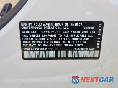 Zdjęcie 12 z 12 samochodu: 2019 VOLKSWAGEN PASSAT WOLFSBURG VIN:1VWLA7A32KC012029 - miniatura