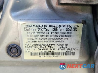 Zdjęcie 12 z 12 samochodu: 2003 NISSAN SENTRA XE VIN:3N1CB51D33L810299 - miniatura