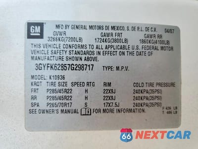 Zdjęcie 13 z 13 samochodu: 2007 CADILLAC ESCALADE EXT VIN:3GYFK62857G298717 - miniatura