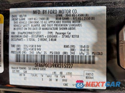 Zdjęcie 12 z 12 samochodu: 2019 FORD FUSION SEL VIN:3FA6P0CD9KR215227 - miniatura