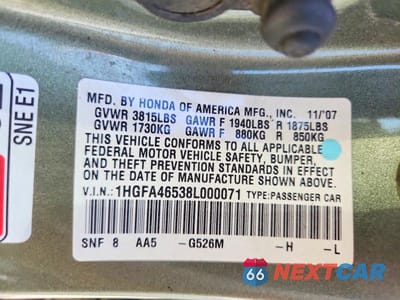 Zdjęcie 12 z 12 samochodu: 2008 HONDA CIVIC GX VIN:1HGFA46538L000071 - miniatura