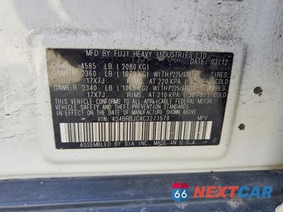 Zdjęcie 12 z 12 samochodu: 2012 SUBARU OUTBACK 2.5I LIMITED VIN:4S4BRBJC4C3271578 - miniatura