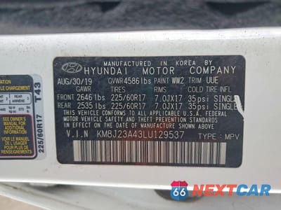Zdjęcie 12 z 12 samochodu: 2020 HYUNDAI TUCSON SE VIN:KM8J23A43LU129537 - miniatura